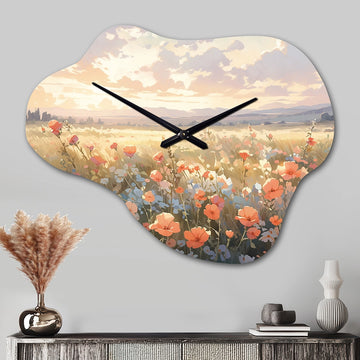 Coral Beige Meadow Wildflower I - Asymmetric Metal Wall Clock